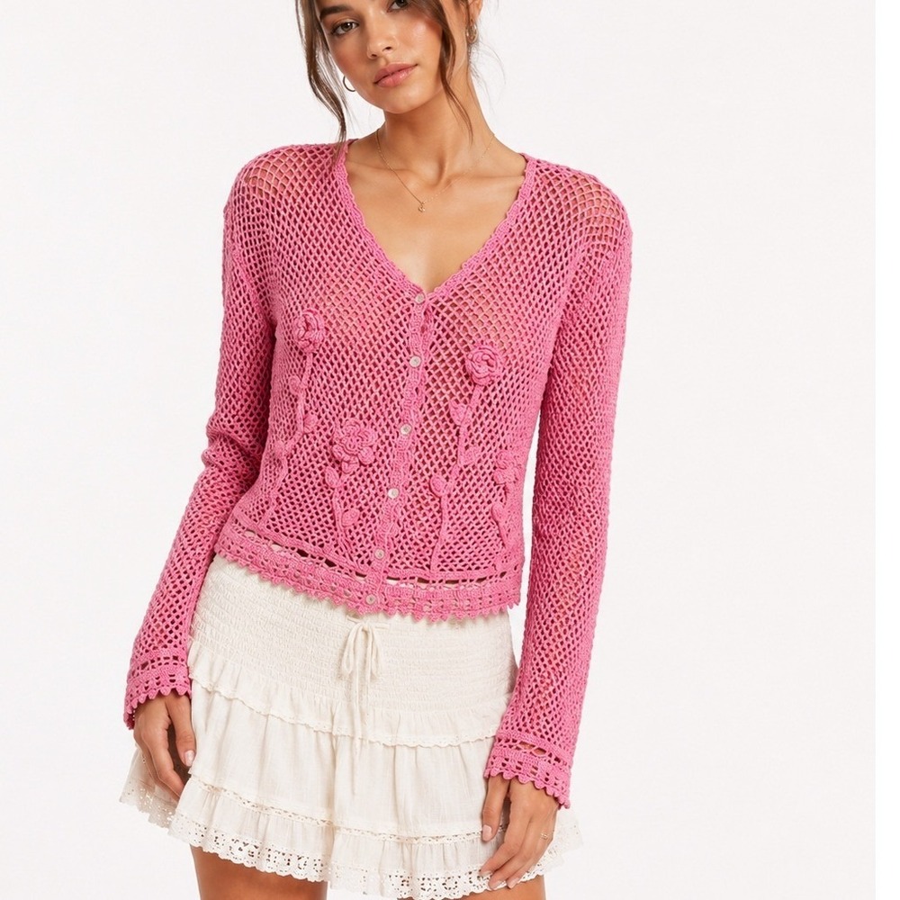 Vintage Y2K Pink Crochet Floral Cardigan Cottage Whimsy Open Knit Long Sleeve  L